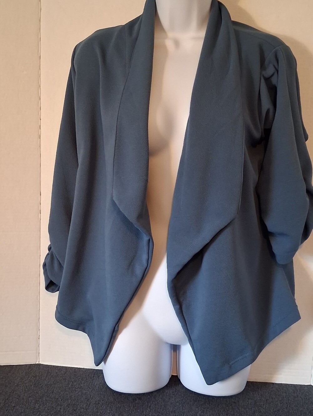 Open-Front Slate Blue Women's Draped Cardigan Lightweight Jacket Ruched Sleeves